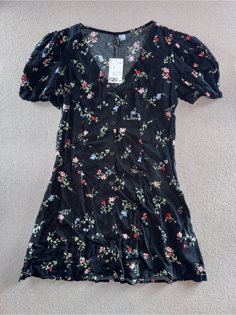 H&M Divided size medium Black Floral V-Neck Button Dress NWT